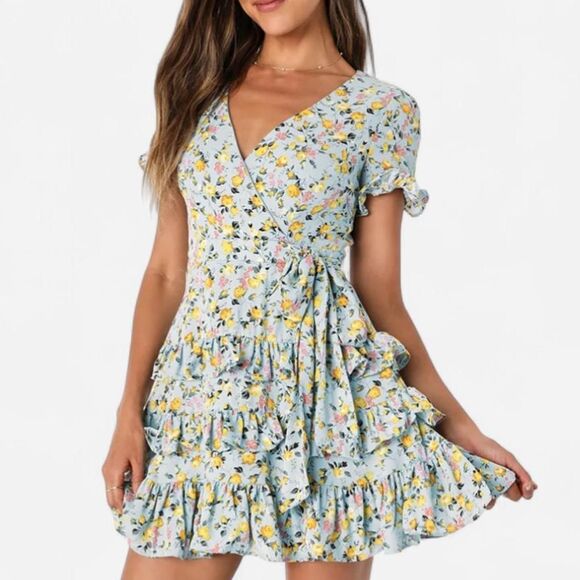 Lulus Feeling Butterflies Light Blue Floral Tiered Ruffle Mini Dress Cottage Sm - Picture 3 of 8